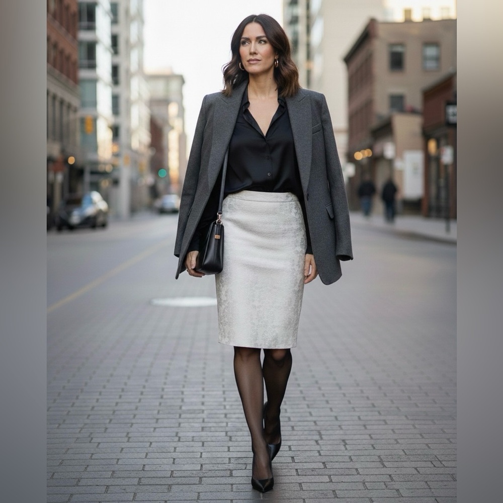 RW&CO. Ivory/Off-White Floral Jacquard Pencil Skirt - Cotton Blend - Size 8